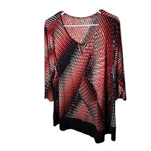 Avenue Blouse Women's 18/20 Career Keyhole 3/4 Sleeve Printed Red Casual Shirt